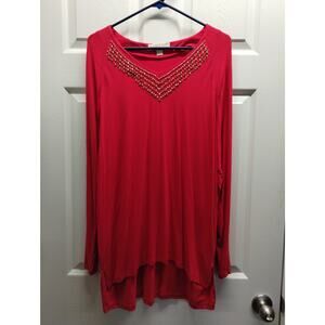 Michael Kors Womens Size XL Red Long Sleeve Jeweled Rhinestone Stretch Tunic Top